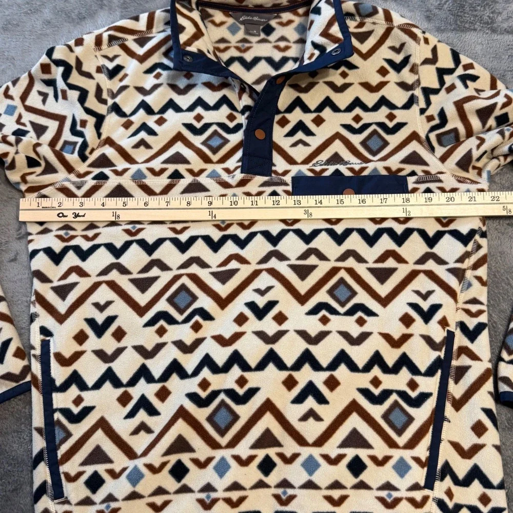 Eddie Bauer Mens M Fleece Pullover Snap‎ Mock Neck Geometric Southwestern Cream